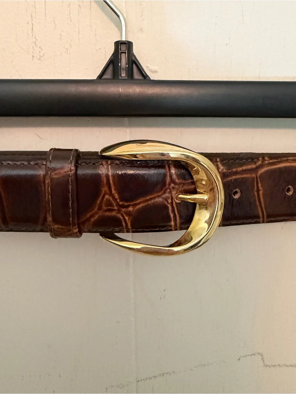 Brown Croc-Embossed Italian Leather Belt with Gold Buckle